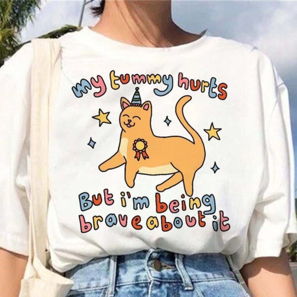 Cat Tee, My Tummy Hurts Brave Cat T Shirt, Crying Cat Kidcore Tee